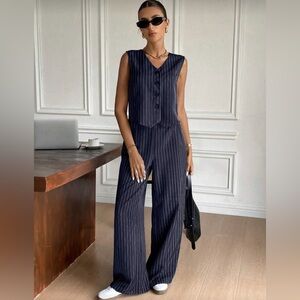 Sleeveless Navy Pinstripe Jumpsuit